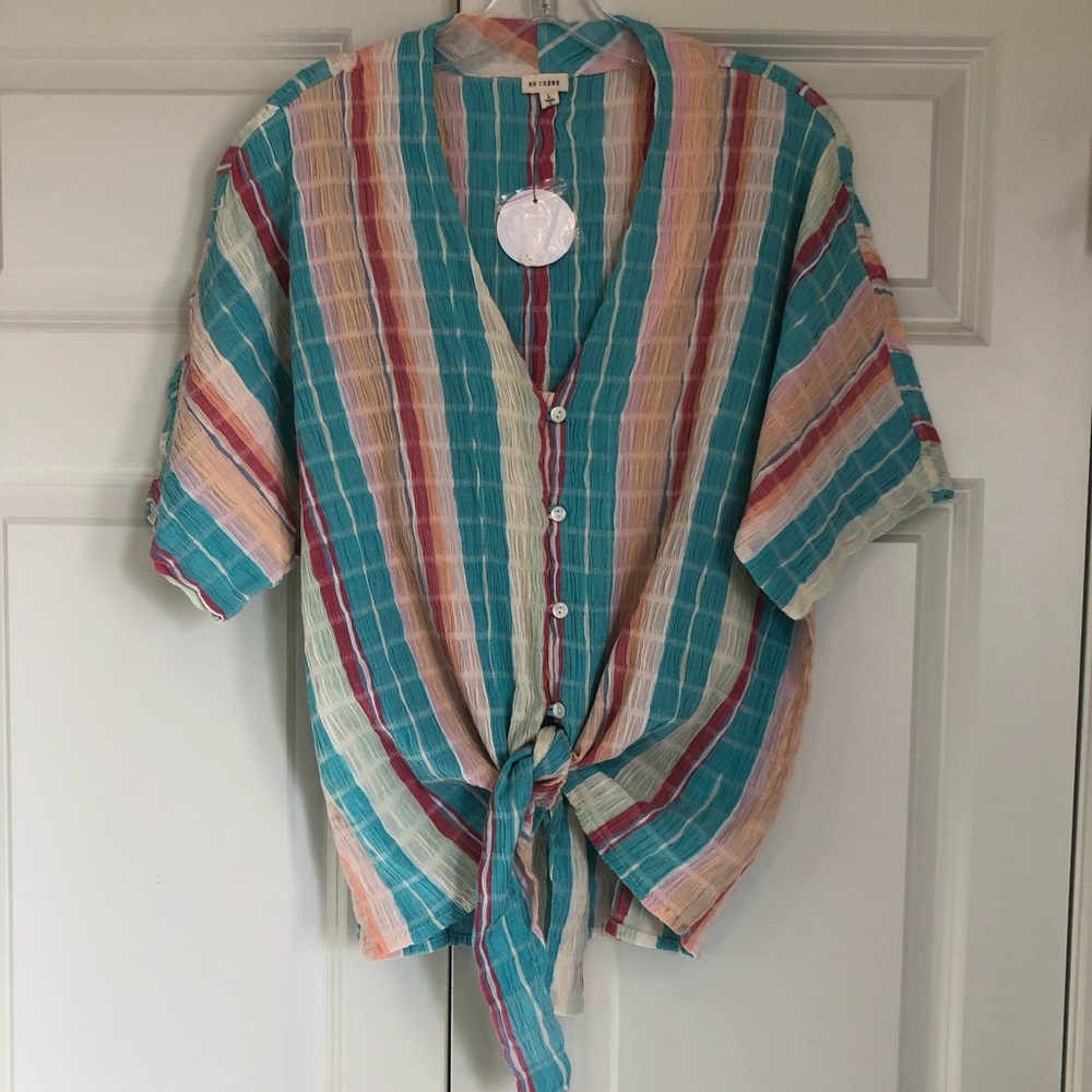 NWT En Creme Striped Gauze Button Down Tie Front Top, Size Large - Picture 4 of 13